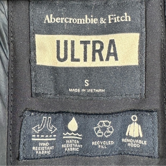Abercrombie & Fitch Ultra Down Puffer Faux Fur Hooded Jacket Sz Small Navy Blue - Picture 5 of 6